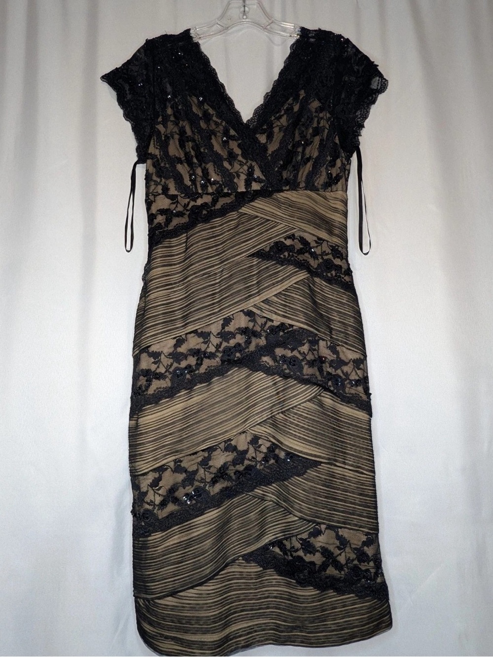 MARINA Black Lace Midi Dress with Gold-Tone Underlay